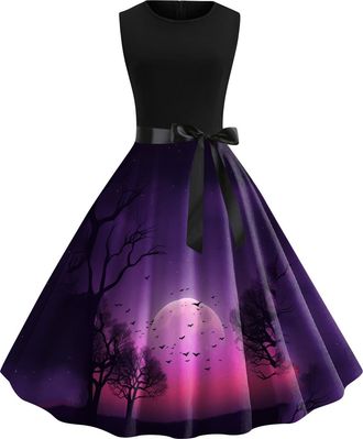 Generic Womens Halloween Dress Vintage Round Neck Sleeveless Printed A line Skater Swing Dress Cocktail Prom Party Halloween Costume Outfit Gothic Evening