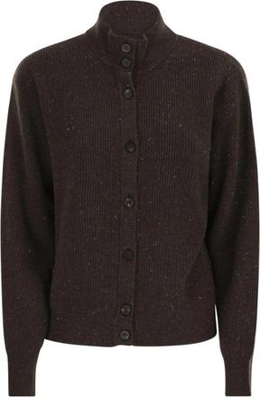 PESERICO Geribbelde Cardigan met Opstaande Kraag en Knoopsluiting - Dames - Vesten - Bruin - L - Wol - Truien & Vesten