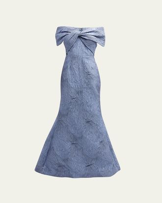 Teri Jon Off-Shoulder Jacquard Trumpet Gown