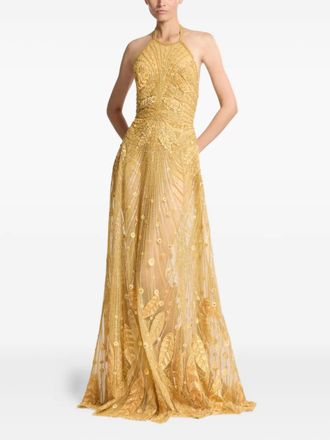 Elie Saab beaded halter-neck dress - women - Polyamide/Organic Cotton/Silk - 42 - Gold