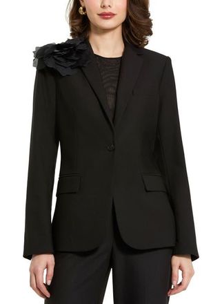 Mac Duggal Classic Crepe Blazer Jacket With Flower in Black at Nordstrom, Size X-Small