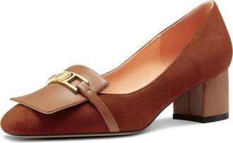 Castamere Womens Chunky Block Mid Heel Square Toe Slip-on Metal Chain Pumps Court Shoe Wedding Prom Dress 5 CM Heels Dark Brown 4.5 UK