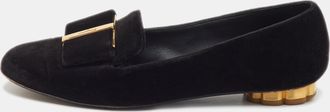 Ferragamo Black Velvet Bow Sarno Flower Heel Loafers