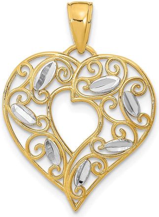 Diamond2Deal 14k Yellow Gold Rhodium Diamond-cut Filigree Heart Charm