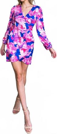 Flying Tomato Surplice Floral Printed Satin Mini Dress In Blue Fuchsia