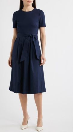 Eliza J Jewel Neck Tie Waist Midi Dress in Navy at Nordstrom, Size 10