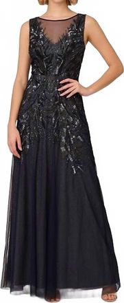 Adrianna Papell Bead Metallic Mesh Dress In Navy / Silver
