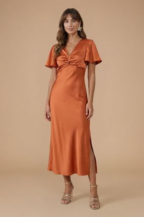 Oasis Womens Rust Satin Twist Front Angel Sleeve Midi Bridesmaid Dress - Size 14 UK