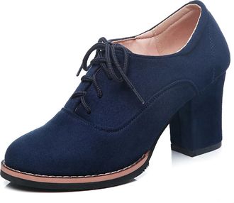 Generic Qynthra Womens Oxford Style Suede Ankle Boots Round Toe Lace-Up Chunky Heel Booties Classic High Heel Dress Shoes for Office and Street Style,Blue,6.5