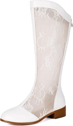 Generic Womens Knee-High Boots Lace Mesh Panel Round Toe Side Zip Chunky Low Heel Textured Trim Lightweight Comfortable Stylish for Fashion Casual,White,7.5 U
