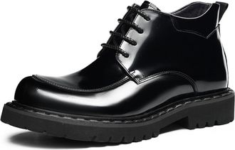 Generic Mens Lace Up Motorbike Combat Boots Patent Leather Formal Boots Low Chunky Heel Platform Boot,Black,5.5 UK