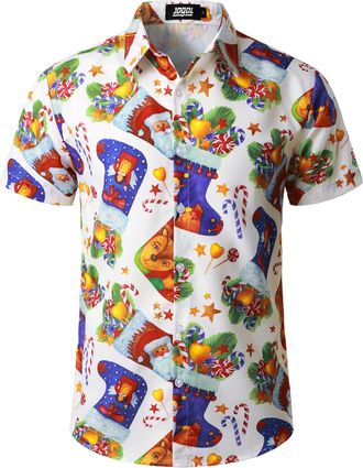JOGAL Mens Fun Hawaiian Christmas Santa Claus Print Shirts Short Sleeve Casual Button Down Shirts WhiteSock 3X-Large