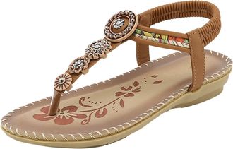 Generic Beach Sandals For Women Bohemian Slip On Sandals Fashion Flat Sandal Casual Thong Sandal Adjustable Ankle Strap Shoes T-Bar Anti Slip Shoes Sturdy Gri