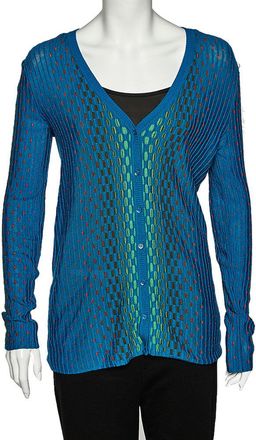 M Missoni Blue Patterned Dobby Knit Button Front Cardigan