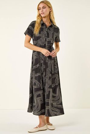 Roman Geo Linear Print Shirt Midi Dress