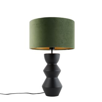 QAZQA Dise&ntilde;o L&aacute;mpara De Mesa De Dise&ntilde;o Con Pantalla De Terciopelo Negro Verde Con Dorado 35 Cm - Alisia Cer&aacute;mica /terciopelo Redonda Adecuado Para Led Max. 