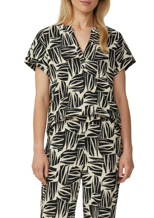 s.Oliver T-Shirt S.OLIVER, Damen, Gr. 34, schwarz (schwarz ecru), Web, Obermaterial: 98% Polyester, 2% Elasthan, unifarben, relaxed fit taillenbedeckt, V-Aussc