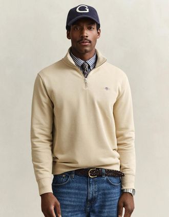 GANT Mens GANT Mens Regular Fit Shield Logo Half Zip Sweatshirt - 379 Dry Herb Green - Tan - Size: 40