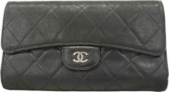 Chanel Black Leather Long Wallet (Tri-Fold) (Pre-Owned)