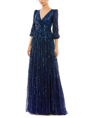 Mac Duggal Sequined Mesh V-Neck A-Line Gown