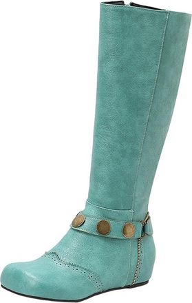 Generic Green Round Toe Flat Knee High Boots with Lace-Up and Belt Buckle Style for Women Winter Wear Pu Leather Comfortable and Lightweight