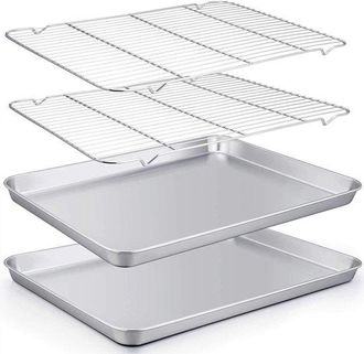 No Brand Teglia Da Forno Piatta In Acciaio Inox - 40,5 X 30,5 X 2,5 Cm - Taglia Xl - Set Da 4 Pezzi - Teglia Quadrata - Griglia Di Raffreddamento - Utensili Da