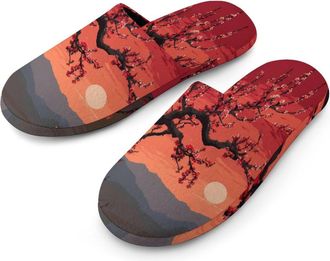 Generic Plum Tree Floral Mens Slippers Warm Non-Slip Houes Shose Spa Slipper for Home Bedroom