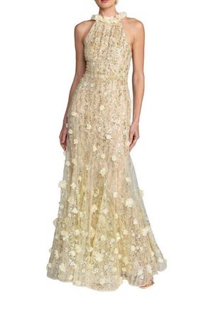 Mac Duggal Beaded Lace Halter Neck Sleeveless Mermaid Gown in Butter at Nordstrom, Size 10