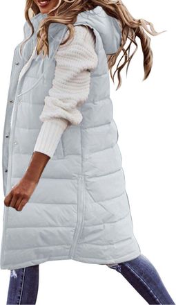 Generic Womens Long Hooded Gilets Sleeveless Padded Quilted Jacket Solid Zip Up Loose Waistcoat with Pockets Winter Warm Lightweight Puffer Gilet Plus Size Co