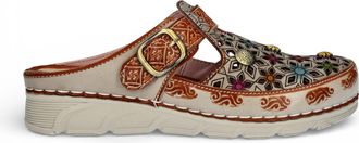 Laura Vita Womens Dorry 01 Floral Beige Leather Wedge Slipper Sandals