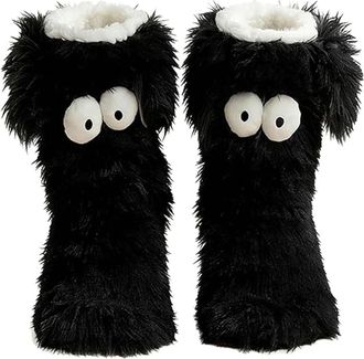 Generic Friends Cozy Socks Womens Winter Warm Fuzzy Slipper Socks, Cute Big Eyes Thick Fleece Floor Socks with Non-Slip Grips for Indoor Home Wear (Black)