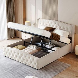 OEM Cama Doble 160x200 Cm - 231211sm - Cofre De Almacenamiento - Terciopelo Beige - Cabecera De Cama Con Remaches Ondulados