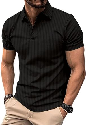 AlltheMen Mens Polo Shirt Short Sleeve Knitted Golf Vertical Striped Polo T-Shirt Breathable Black XXL