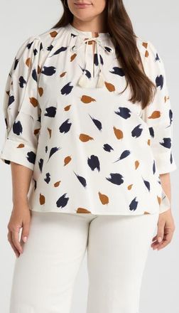 Sugarlips Devania Brush Irina Tie Split Neck Top in Ivory/navy-Multi at Nordstrom, Size 3X