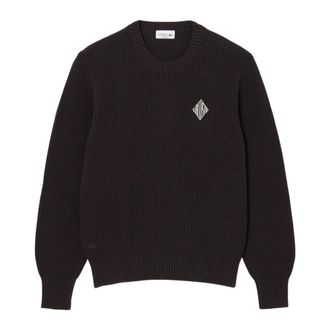Lacoste Round-neck Knitwear, male, Brown, Size: XL Pearl Rib Knit Badge Accent Sweater