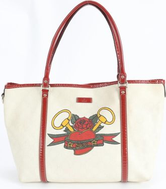Gucci Off-White Red Color Coated Canvas Leather Handbag Tote Bag (Pre-Owned)