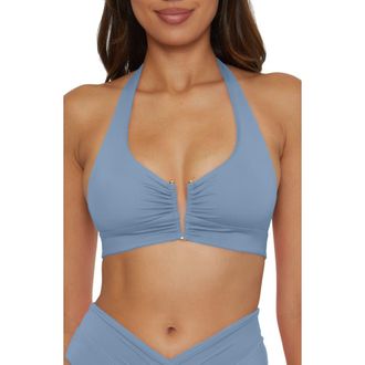 BECCA by Rebecca Virtue Shirred V-Wire Halter Bikini Top in New Mist at Nordstrom, Size Medium