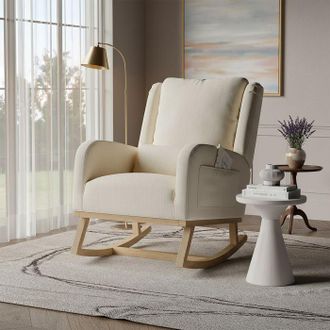 OEM Sill&oacute;n Mecedora Pocketpop En Lino Beige Con Coj&iacute;n - Patas De Madera Maciza, Estilo Escandinavo
