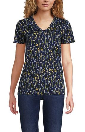 Lands End Relaxed Supima Cotton V-Neck T-Shirt in Deep Sea Navy Multi Daisy at Nordstrom, Size X-Small P