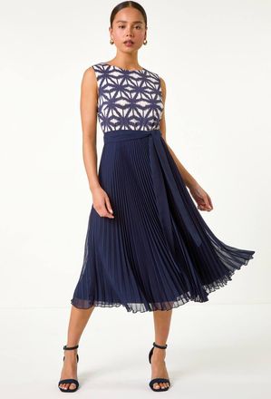 Roman Geometric Print Pleated Midi Dress