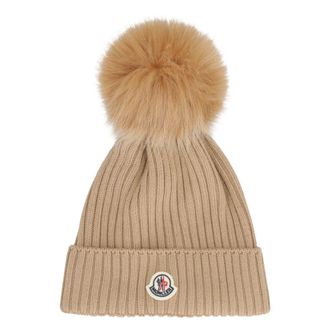 Moncler Accessoires, Dames, Beige, L, Wol, Gebreide wollen muts met pompon
