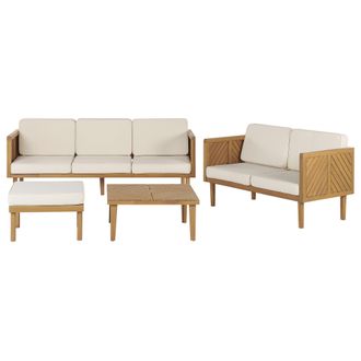 Beliani Conjunto De Jard&iacute;n 5 Plazas De Madera De Acacia Clara Beige Claro Con Otomana Mesa Sillas Cojines Baratti