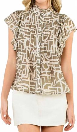 THML Clothing Flutter Sleeve Button Up Top In Taupe