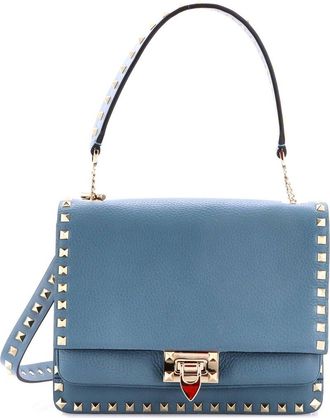 Valentino Blue Leather Rockstud Flip Lock Flap Top Handle Bag Small (Authentic Pre-Loved)
