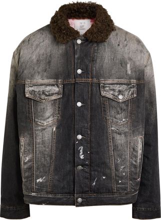 Acne Studios Washed Paint Splattered Faux Shearling Denim Jacket - Black - L/XL L/XL