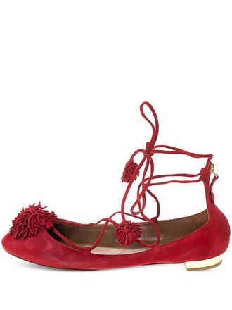 Aquazzura pre-owned Sunshine pompom ankle-tie ballet flats - Red