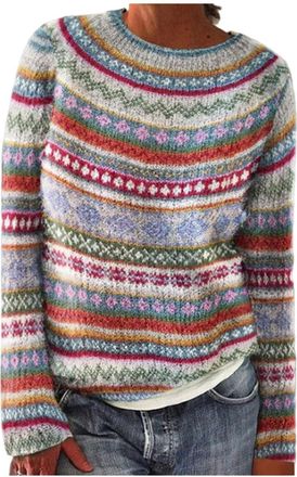 Generic Jumpers for Women UK Knitted Fairisle Sweatshirts Thermal Jumper Ladies Fluffy Long Sleeve Sweaters Fleece Wool Outfit Fair Isle Nordic Icelandic Swea