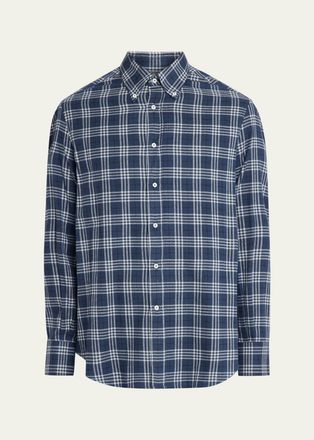 Brunello Cucinelli Mens Cotton-Lyocell Plaid Button-Down Shirt