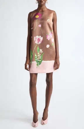 Oscar De La Renta Mixed Botanical Satin Shift Minidress in Blush/brown at Nordstrom, Size 14