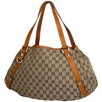 Gucci Beige Orange Gg Canvas Leather Shoulder Bag Tote Bag (Pre-Owned)